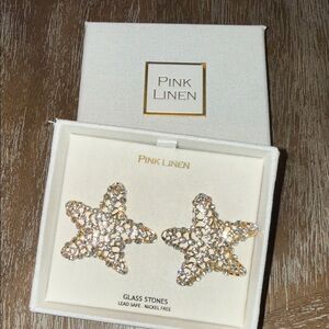 Pink Linen Gold Star Earrings